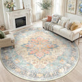 RELEANY Area Rugs Round 8ft Washable Non-Slip, Floral Vintage Distress Print by RELEANY
