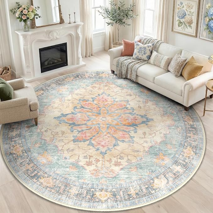 RELEANY Area Rugs Round 8ft Washable Non-Slip, Floral Vintage Distress Print by RELEANY