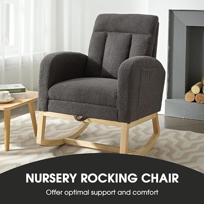 NIOIIKIT Modern Nursery Rocking Chair, Teddy Upholstered Rocking Chair - Image 4