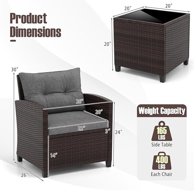 Tangkula 3 Pieces Patio Furniture Set, PE Rattan Wicker 3 Pcs Outdoor Sofa Set - Image 8