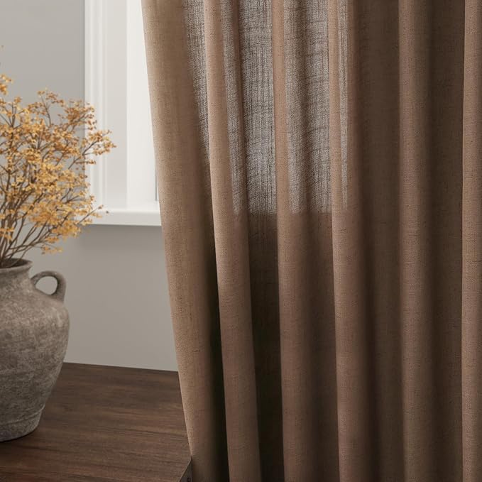 Nanspring Caramel Brown Linen Semi Sheer Curtains 72 Inches Long 2 Panels Set - Image 3