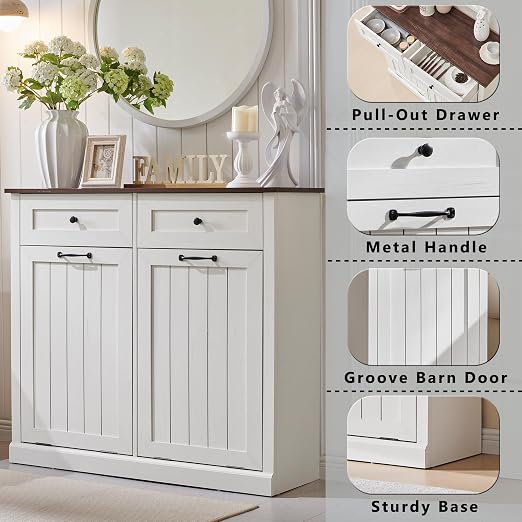 IFGET Double Tilt Out Trash Cabinet, 20 Gallon Farmhouse Laundry Hamper Cabinet - Image 3