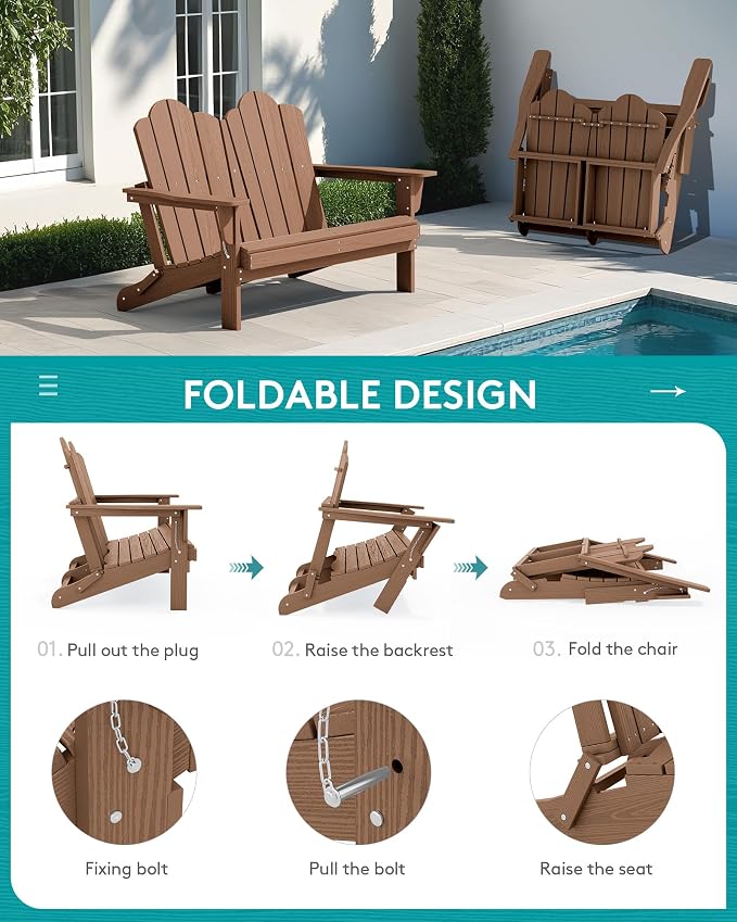 SERWALL 3 Pieces Patio Adirondack Bench Set, 2 Folding Adirondack Bench & 1 - Image 4