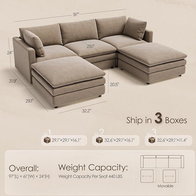 97" Cloud Couches for Living Room, 29.1" Deep Seat Modular Sectional Sofa - Image 2