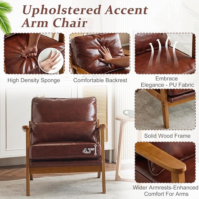 VINGLI Solid Wood Wide Armrests Accent Chair, Upholstered Mid Century Modern - Image 5