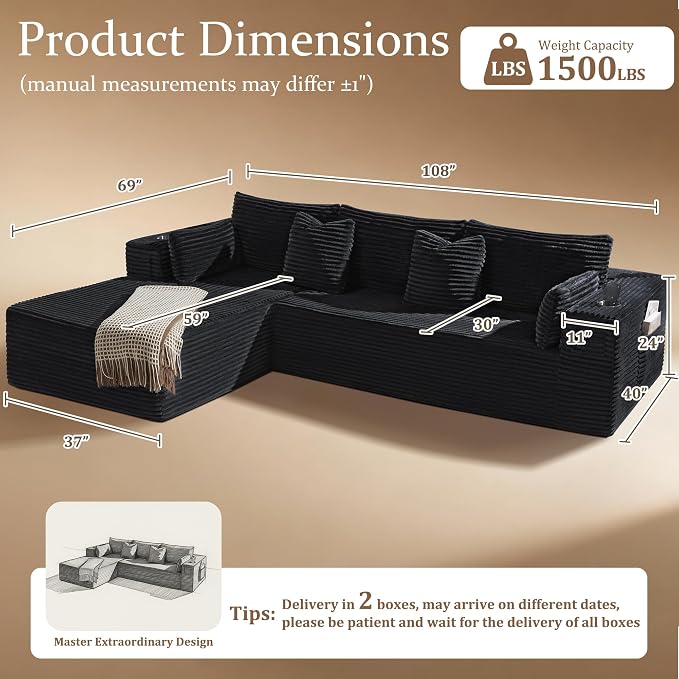 108" Oversized Cloud Sectional Couch, Comfort L Shaped Boneless Couch - Image 2