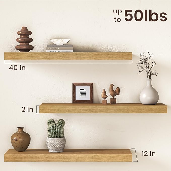 40Inch Oak Floating Shelves for Wall, 12 Inch Deep Shelves for Bedroom - Image 3