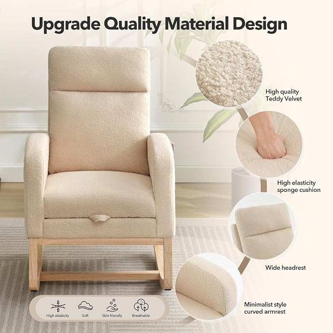 Nursery Rocking Chair with Foot Rest, High Back Upholstered Glider Rocker Chair - Image 6