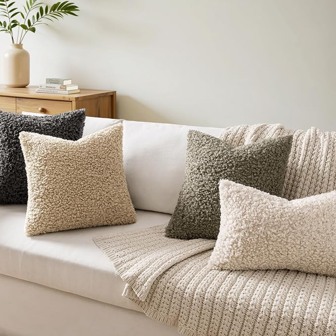 Faux Fur Throw Pillow Covers 18x18 Inch Set of 2 Boucle Neutral Decorative - Image 2