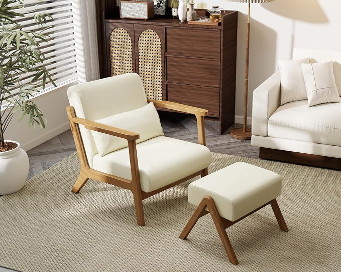 Modern Accent Chair and Ottoman Set, Mid-Century Faux Leather Upholstered - Image 3