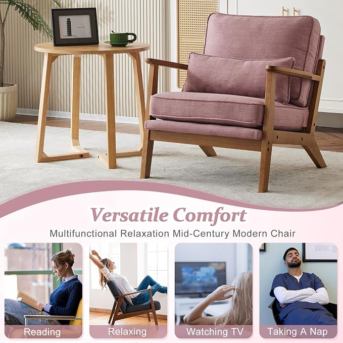 VINGLI Solid Wood Wide Armrests Accent Chair Set of 2, Upholstered Mid Century - Image 6