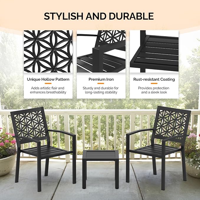 VINGLI 3-Piece Outdoor Bistro Set, Stackable Modern Metal Steel Table and Chairs - Image 2