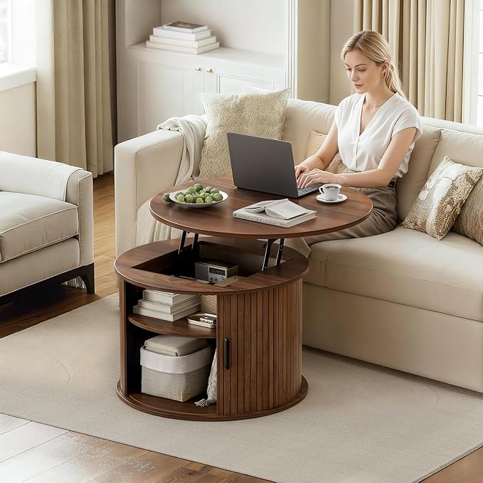 FABATO Round Lift Top Coffee Table, Fluted Wood Accent Coffee Table - Image 6