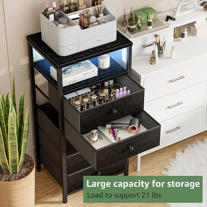 BOLUO Black Dresser with 5 Drawers Tall Nightstand with Charging Station and - Image 4
