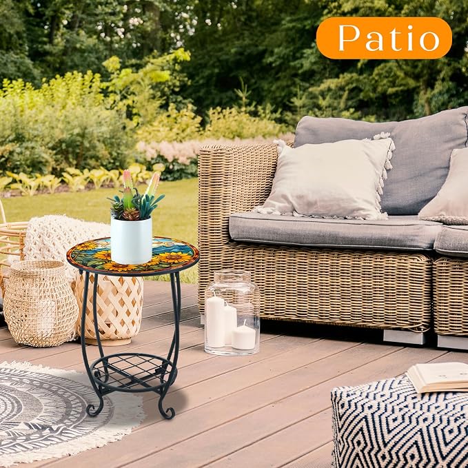 Cinnvoice Outdoor Side Table Round Small Mosaic Patio Accent Indoor End Plant - Image 2