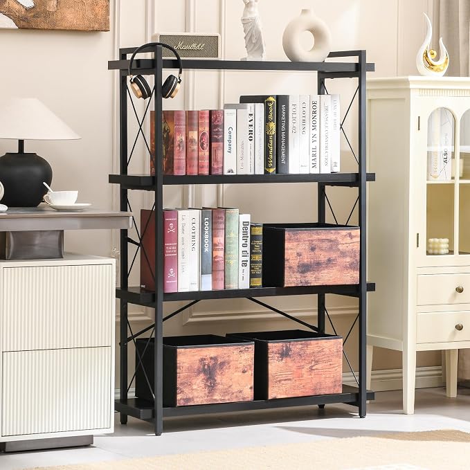 HCHQHS Bookshelf, 4-Tier Industrial Bookcase, Freestanding Tall Bookshelves - Image 2