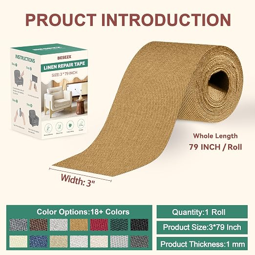 BESEZX Linen Fabric Repair Tape, 3x79 Inch Self Adhesive Repair Patches - Image 2
