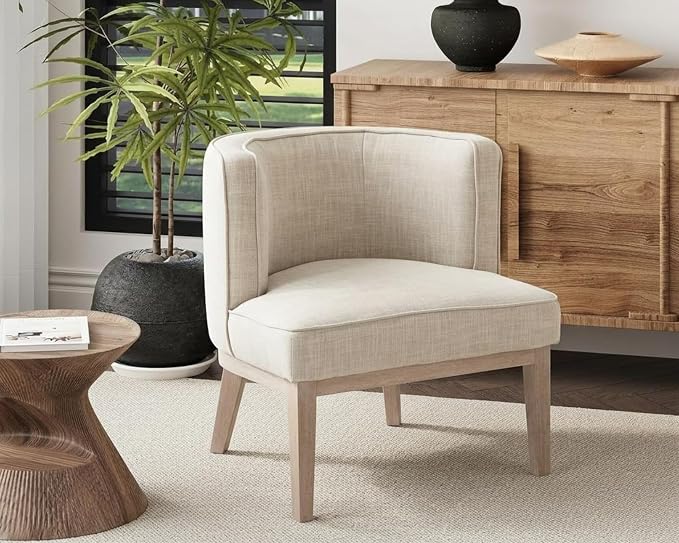Beige Barrel Chair with Solid Wood Frame, Small Round Accent Chair, Comfy Linen - Image 3