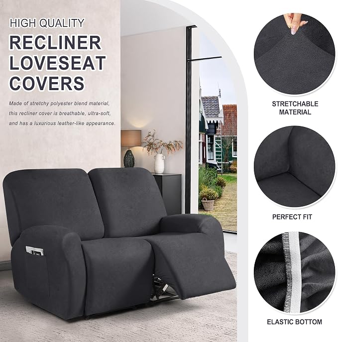 ANARACHON Leather Look Loveseat Recliner Cover, 6-Pieces Stretch Dual Recliner - Image 4