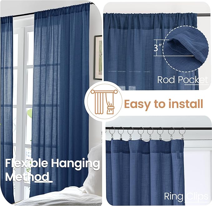 BGment Linen Navy Blue Curtains 96 Inches Long - Image 5