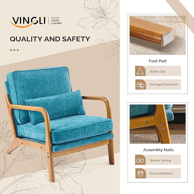 VINGLI Chenille Mid-Century Modern Accent Chair Set of 2, Cute Reading Arm Chair - Image 5