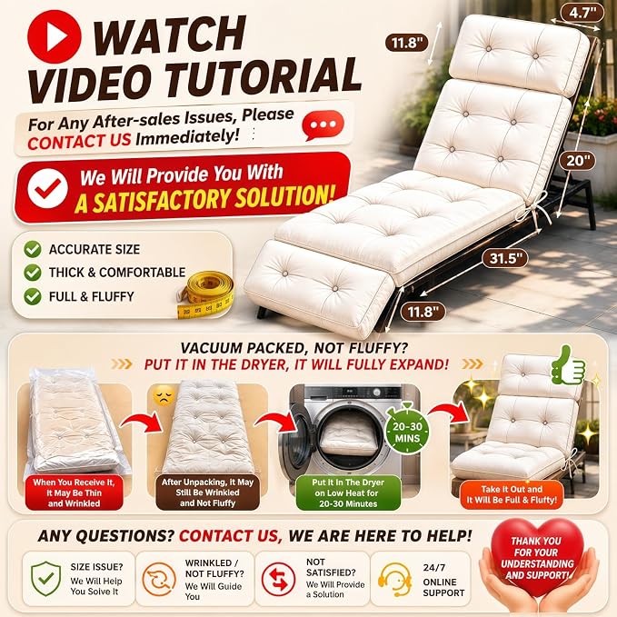 Outdoor Chaise Lounge Cushion, Waterproof 74.4x22x4.7 Inch Thick Cotton Filled - Image 3