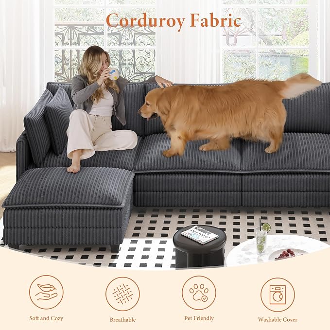 Vesgantti 143" U Shaped Modular Sectional Couch, Comfy Corduroy Upholstered - Image 5