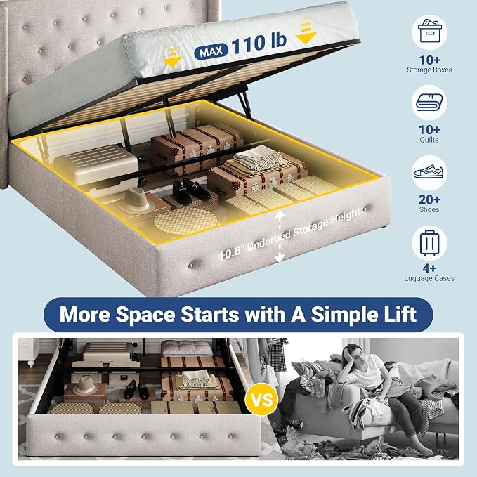 Allewie Full Size Lift Up Storage Bed, Button Tufted Headboard - Image 3