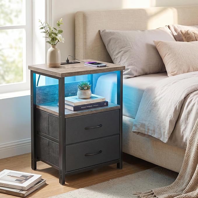 Fixwal Night Stand with Charging Station, LED Nightstand with U-S-B Ports and - Image 2