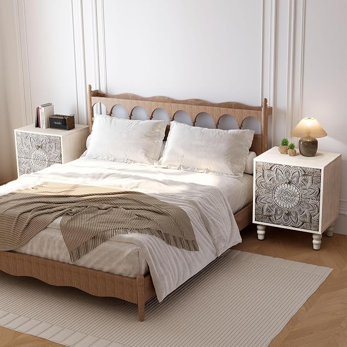 HOMPUS White Nightstand with 2 Drawers, Lotus Flower Carved Wood Bedside Table - Image 7