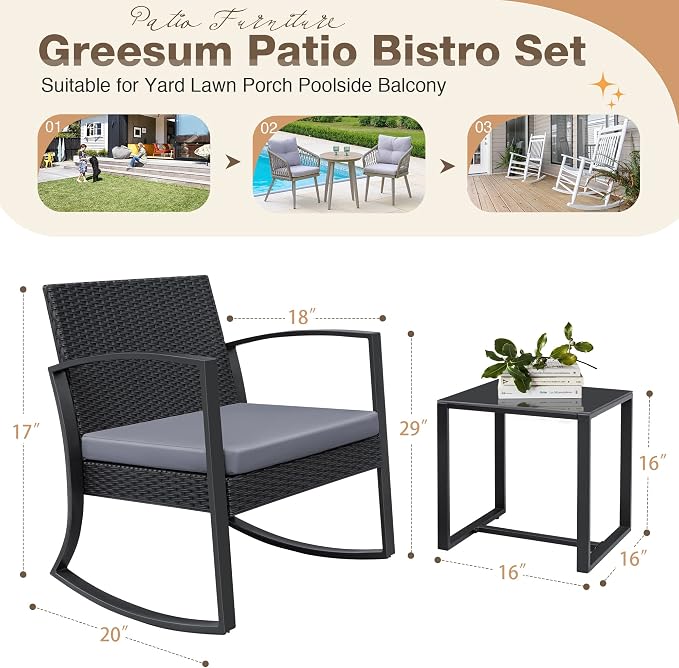 Greesum 3 Pieces Outdoor Furniture Set Patio Bistro Rocking Chairs - Image 4