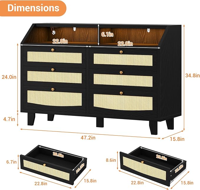 Rattan 6 Drawer Dresser with LED Lights & Power Outlet, Wide Rattan Dresser TV - Image 2