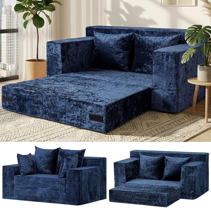 Loveseat Sofa Bed, Convertible Silky Velvet 5-in-1 Foldable Boneless Sleeper by AOLVDOW
