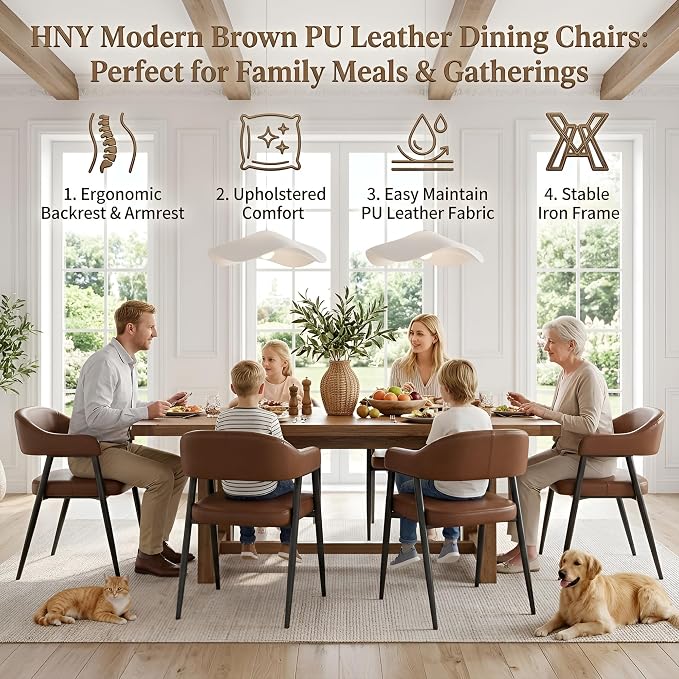 HNY Modern Dining Room Arm Chairs Set of 6, Retro Faux Leather Upholstered - Image 6