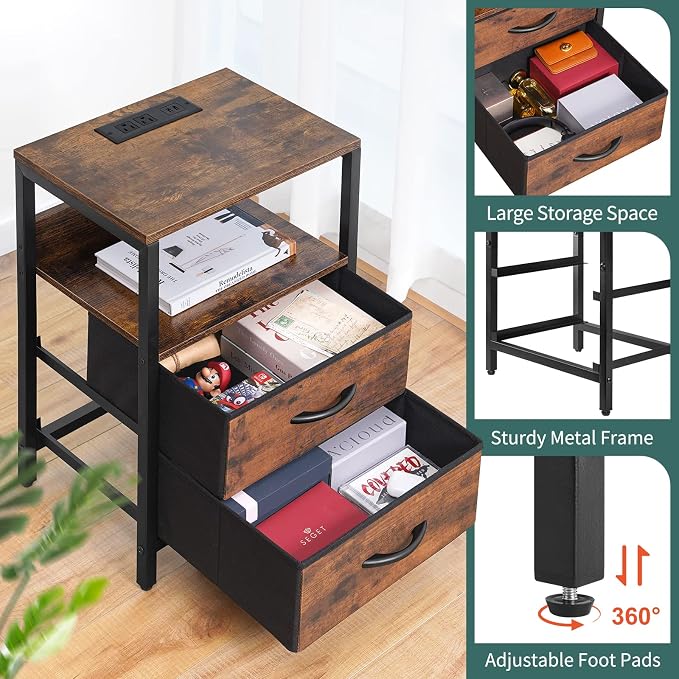 Yoobure Nightstand with Charging Station, Small Night Stand with Fabric Drawers - Image 7