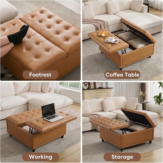 Tbfit Large Square Storage Ottoman Bench, Tufted Upholstered Coffee Table - Image 3