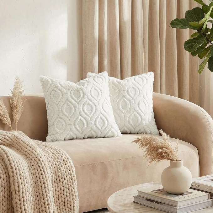 decorUhome Throw Pillow Covers 16x16 Inch Set of 2, Soft Plush Faux Wool Cream - Image 3