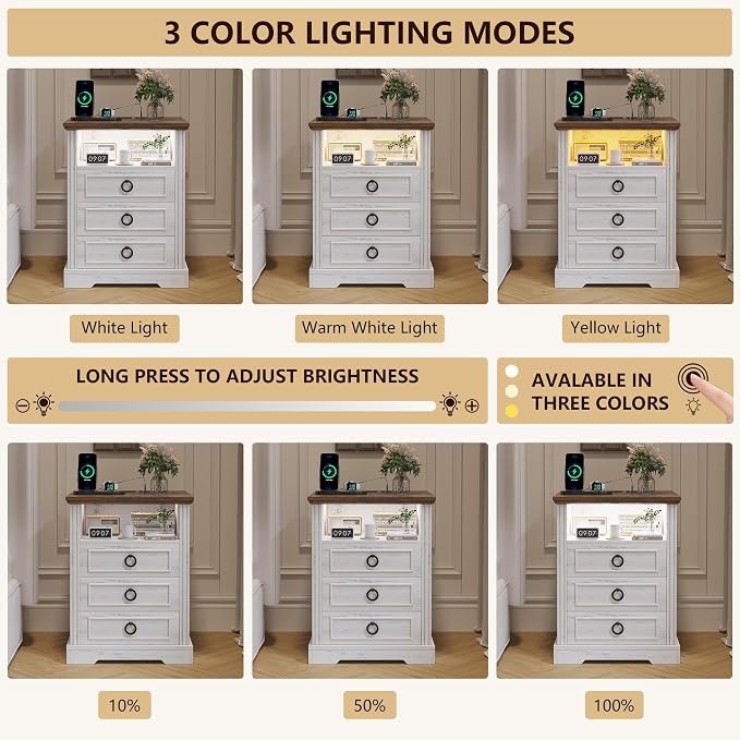 Nightstand with Charging Station, Farmhouse End Side Table with 3 Drawers and - Image 4