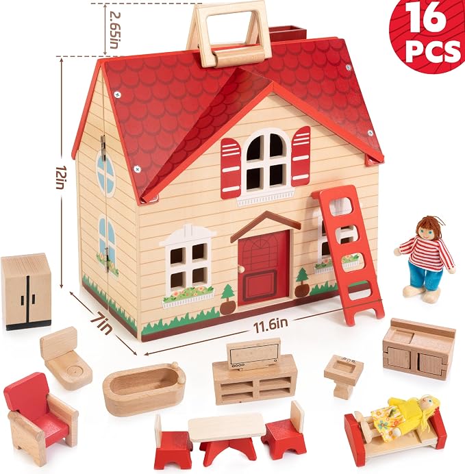 Foldable Wooden Dollhouse with 13PCS Furniture, 4 Rooms and 2 Flexible Dolls - Image 5