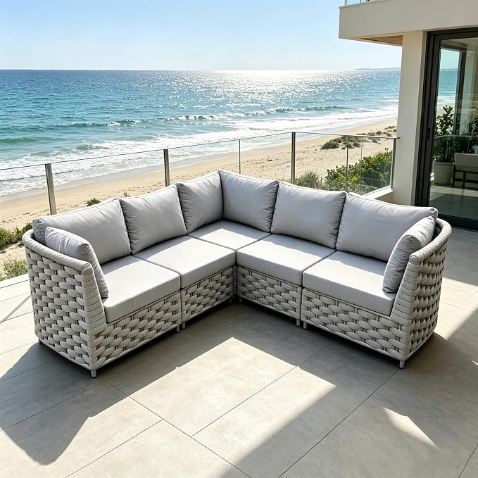TWT Khaki Gray 5-Piece Modular Outdoor Sofa, 5-Seater Free Combination - Image 3