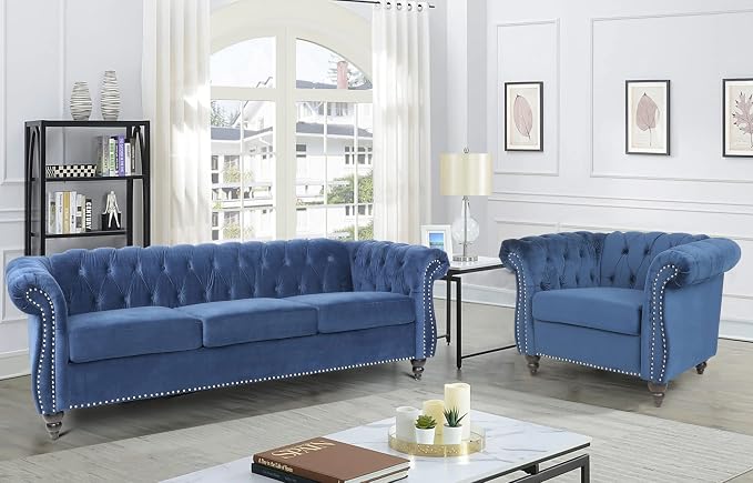 RARZOE Modern 2 Pieces Living Room Sofa Set, Contemporary Tufted Button Velvet by RARZOE