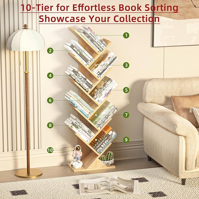 SHEEPAM 10 Tier Tree Book Shelf, Floor Standing Wood Bookshelf - Image 4