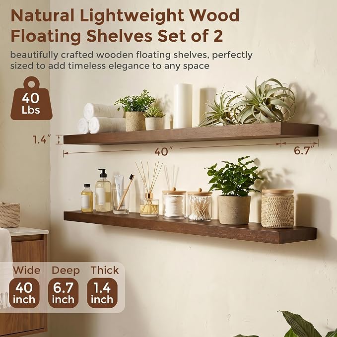 fuqing 40 Inch Floating Shelves | 6.7 Inch Deep Dark Wood Floating Shelves - Image 3