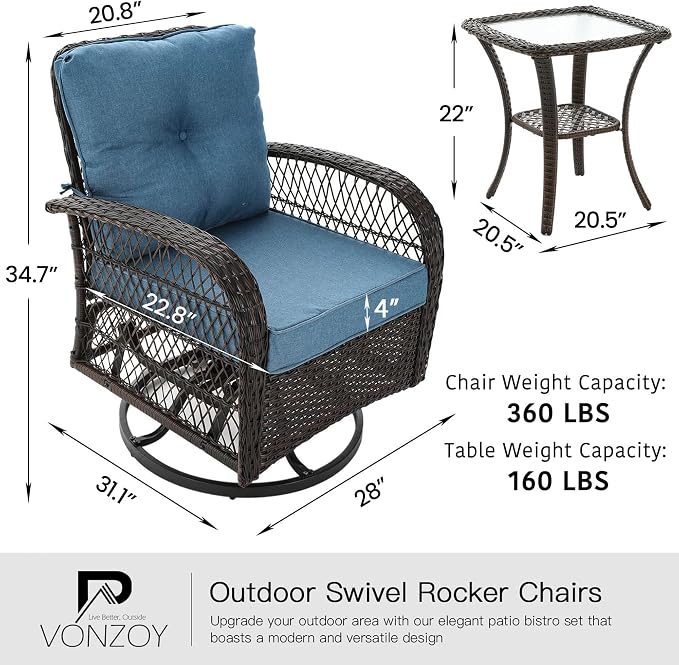 3 Pieces Patio Furniture Set, Outdoor Swivel Glider Rocker, Wicker Patio Bistro - Image 6