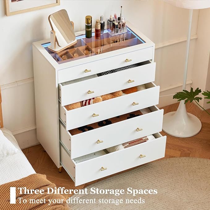 5 Drawer Dresser for Bedroom, 30.7" W x 38" H Tall Tempered Glass Top Dresser - Image 8