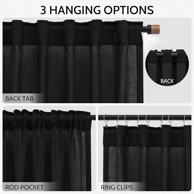 Nanspring Vintage Black Linen Curtains 84 Inch Length 2 Panels Set - Image 2