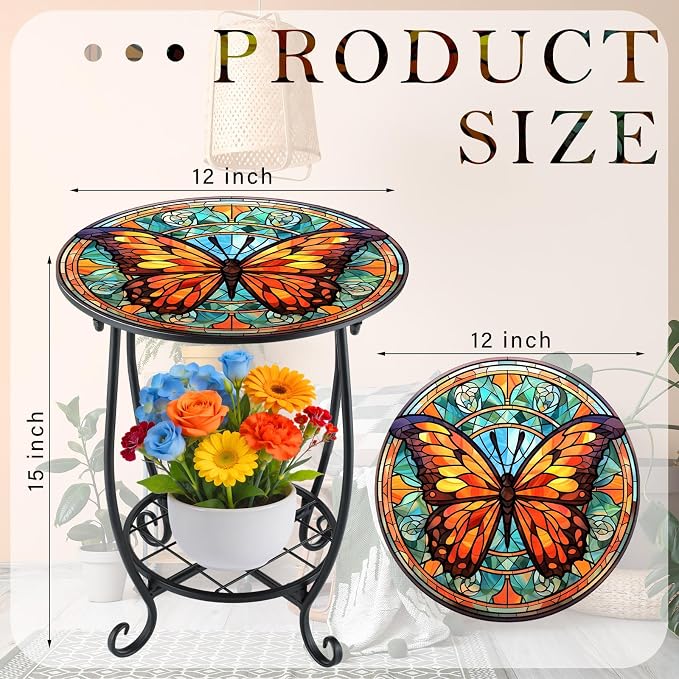 Cinnvoice Outdoor Side Table Round Small Mosaic Patio Accent Indoor End Plant - Image 3