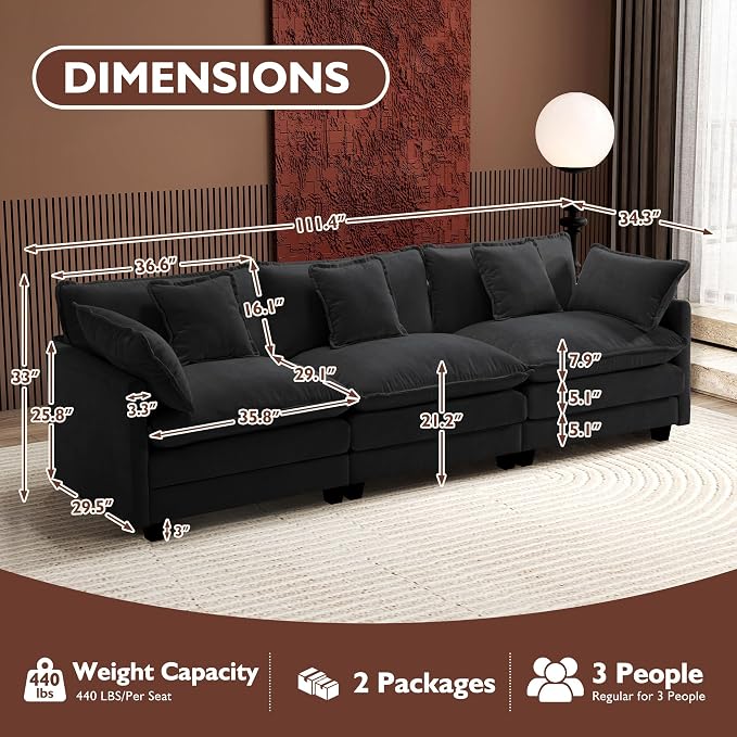 Ihanherry 111.4 Inch 3-Seater Cloud Sofa, Modular Sectional Couch, Modern Deep - Image 5