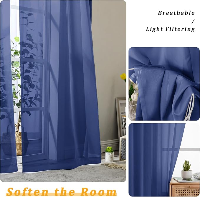 Gwine Royal Blue Sheer Curtains 96 Inches Long 2 Panels, Elegant Window - Image 3