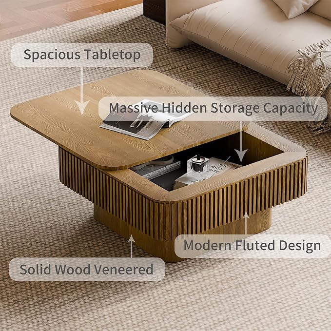 Square Coffee Table for Living Room, Fluted Drum Accent Tea Center Table - Image 3
